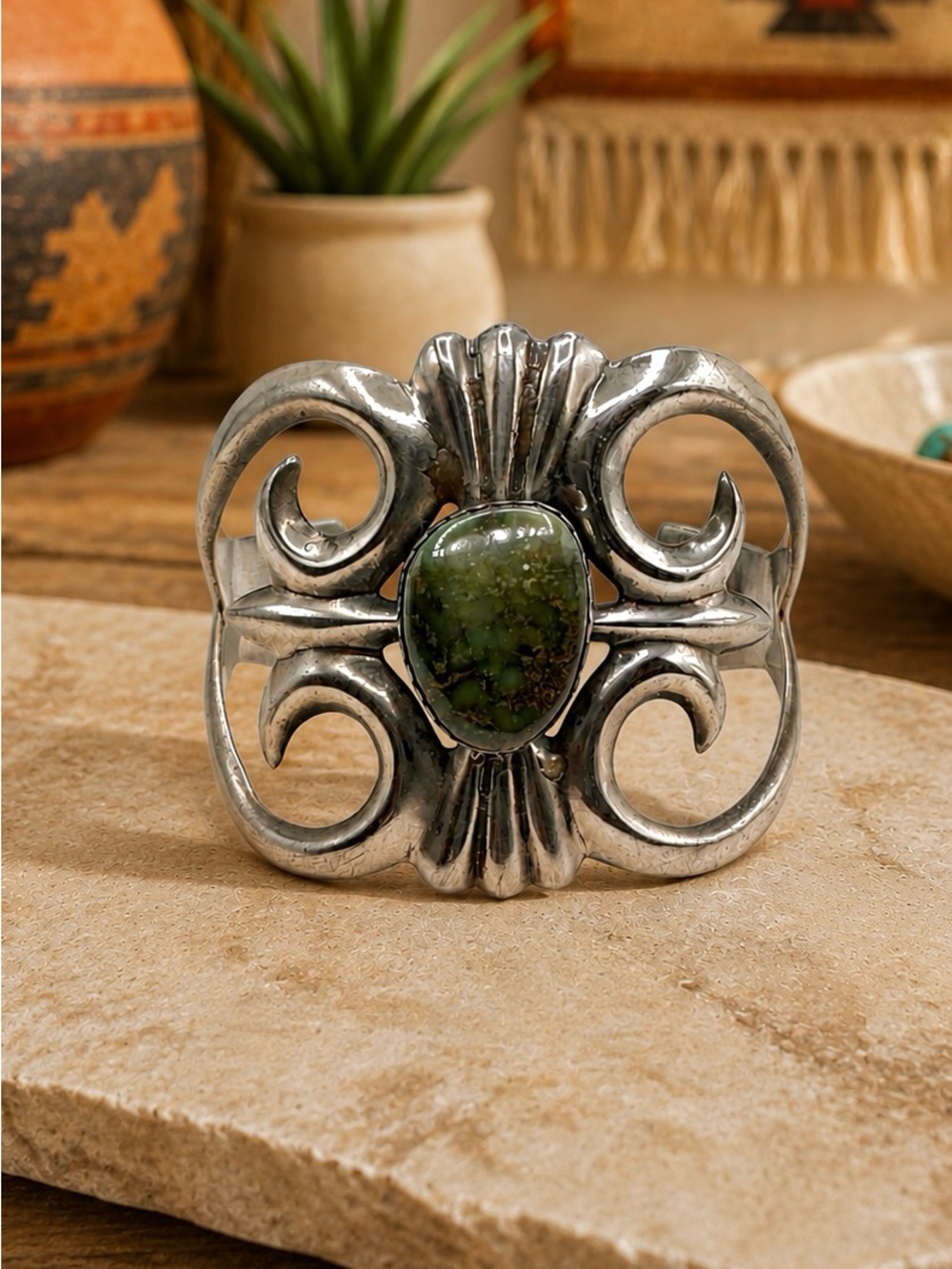 Navajo Native American Sterling Silver Damele Turquoise Cuff Bracelet 7"